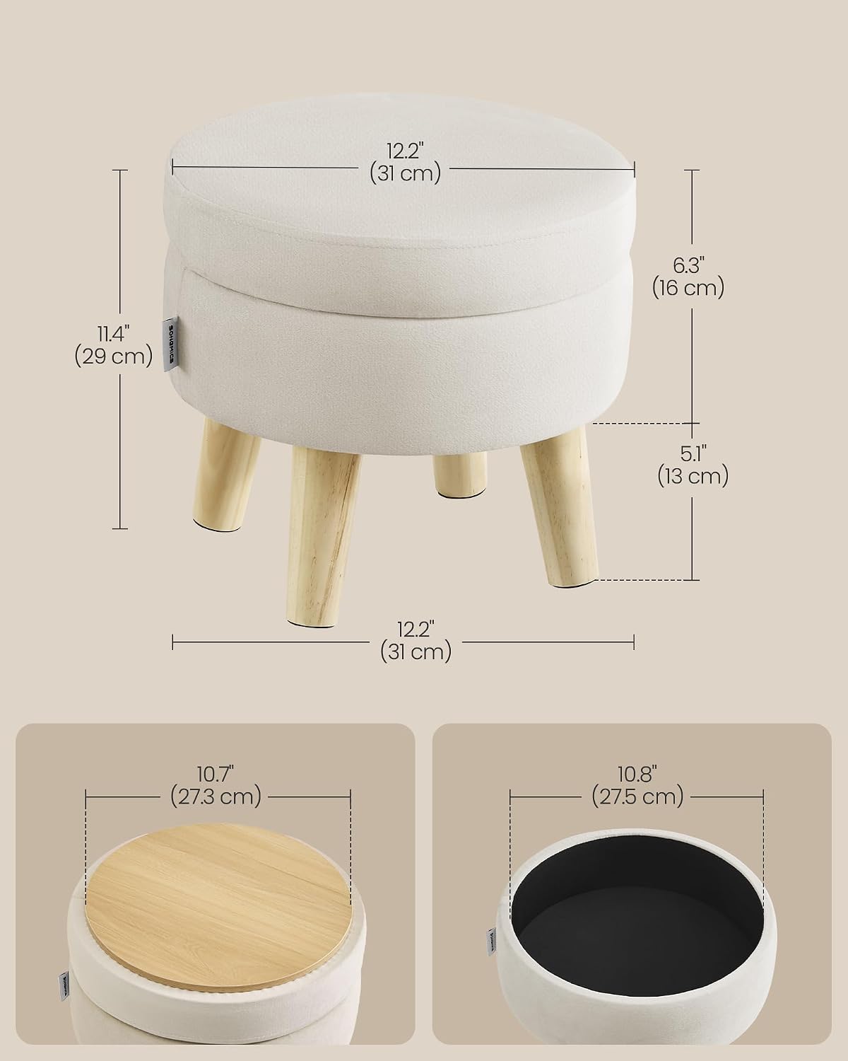 SONGMICS Foot Stool Ottoman, Small Storage Ottoman with Legs, 15.7 Inches
