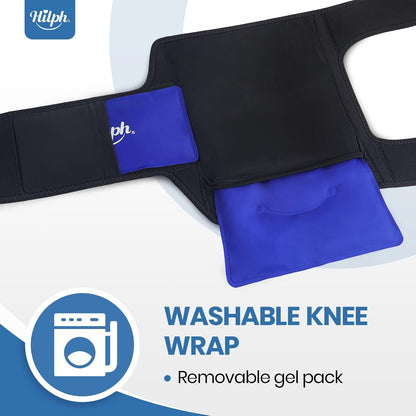 Hilph Large Hot & Cold Therapy Knee Ice Wrap with Dual Gel Packs & Adjustable Brace for Full Knee Coverage, Pain Relief for Replacement Surgery, Arthritis, ACL, Meniscus Tear, Women, Men Black