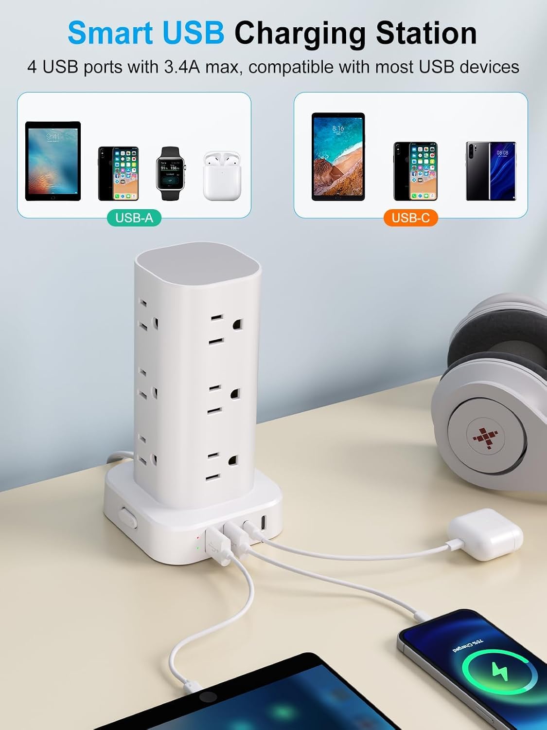 6FT Power Strip Tower Surge Protector, 12 Wide Spaced Outlets, 4 USB