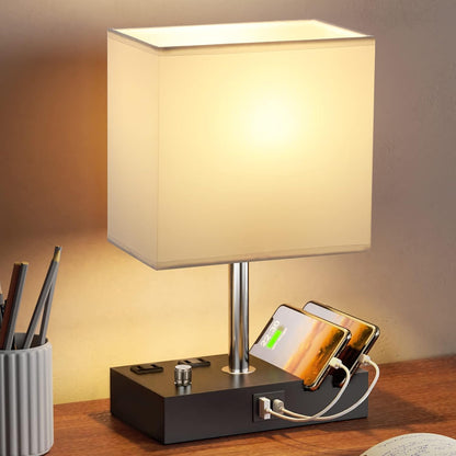 Kakanuo Fully Dimmable Nightstand Lamp for Bedroom with USB C Ports, Grey Small Bedside Table Lamp with Charging Outlets and Phone Stands, Wooden Desk Lamp for Living Room, LED Bulb Included