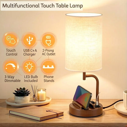 Dreamholder Touch Control USB Table Lamp with USB C/A & AC Outlet, 3-Way Dimmable Bedside Lamp, Modern Nightstand Lamps for Bedroom Living Room Guest Room Office, Bulb Included, Gold