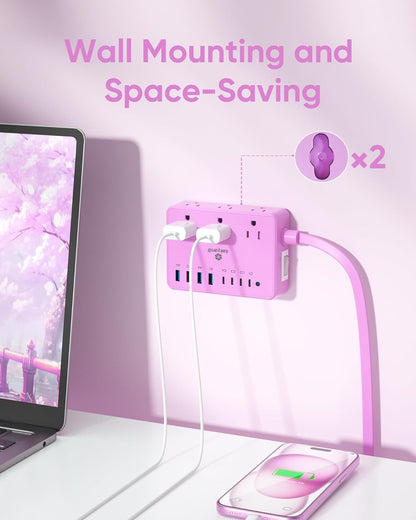 Kakyanill 8 USB Pink Power Strip with 6 AC(4 USB-C), 5 FT Extension Cord