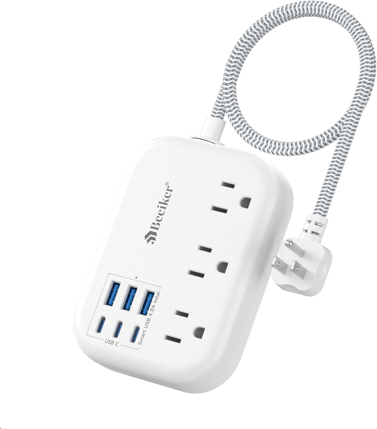 6 USB(3 USB C) Power Strip- Travel Power Strip with 6 USB Desktop Charging Station 24W/4.8A and 3 Outlets, 5Ft Flat Plug Braided Extension Cord, Non Surge Protector for Cruise Ship Travel Office Dorm