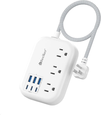 6 USB(3 USB C) Power Strip- Travel Power Strip with 6 USB Desktop Charging Station 24W/4.8A and 3 Outlets, 5Ft Flat Plug Braided Extension Cord, Non Surge Protector for Cruise Ship Travel Office Dorm