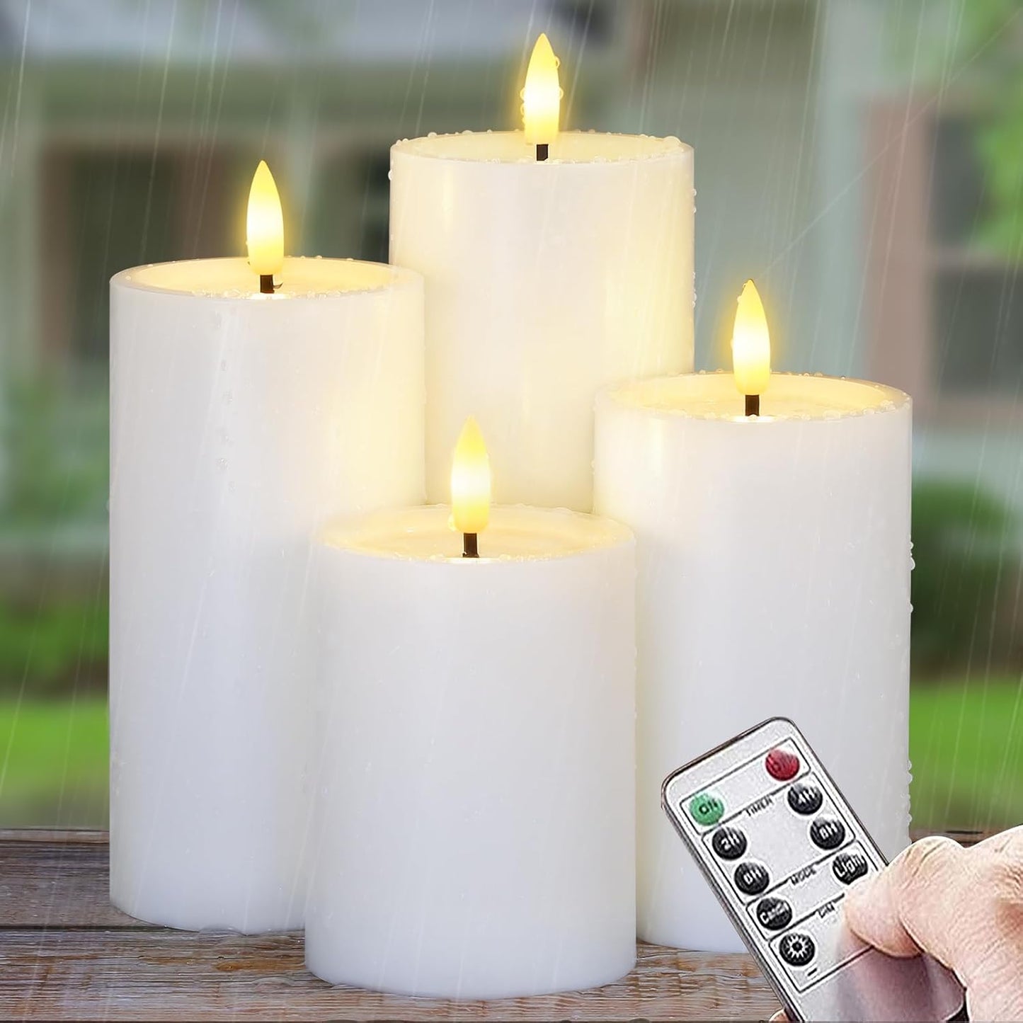 Yeelida Outdoor 4pcs Flameless Waterproof Candles with Handy Remote Control, Cycle Timer Battery Operated Candle Grease Effect LED Flickering Pillar Plastic Long Lasting (Ivory, 3" x4" 5" 6" 7")