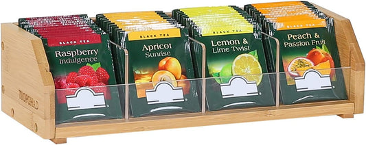 TIOPGHAD 2-Layer Stackable Bamboo Tea Bag Organizer Storage Holder & Rack - Wooden Tea Box Containers - Stand for Countertop or Cabinet