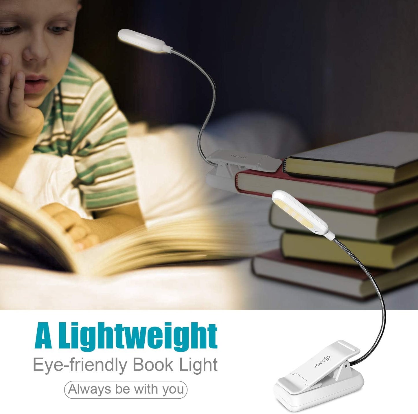 VAVOFO Clip On Book Light for Bed Kids, 7 LED Reading Light with 9-Level Warm Cool White Daylight, Eye Care Lamp with Power Indicator for Bookworms (Blue)