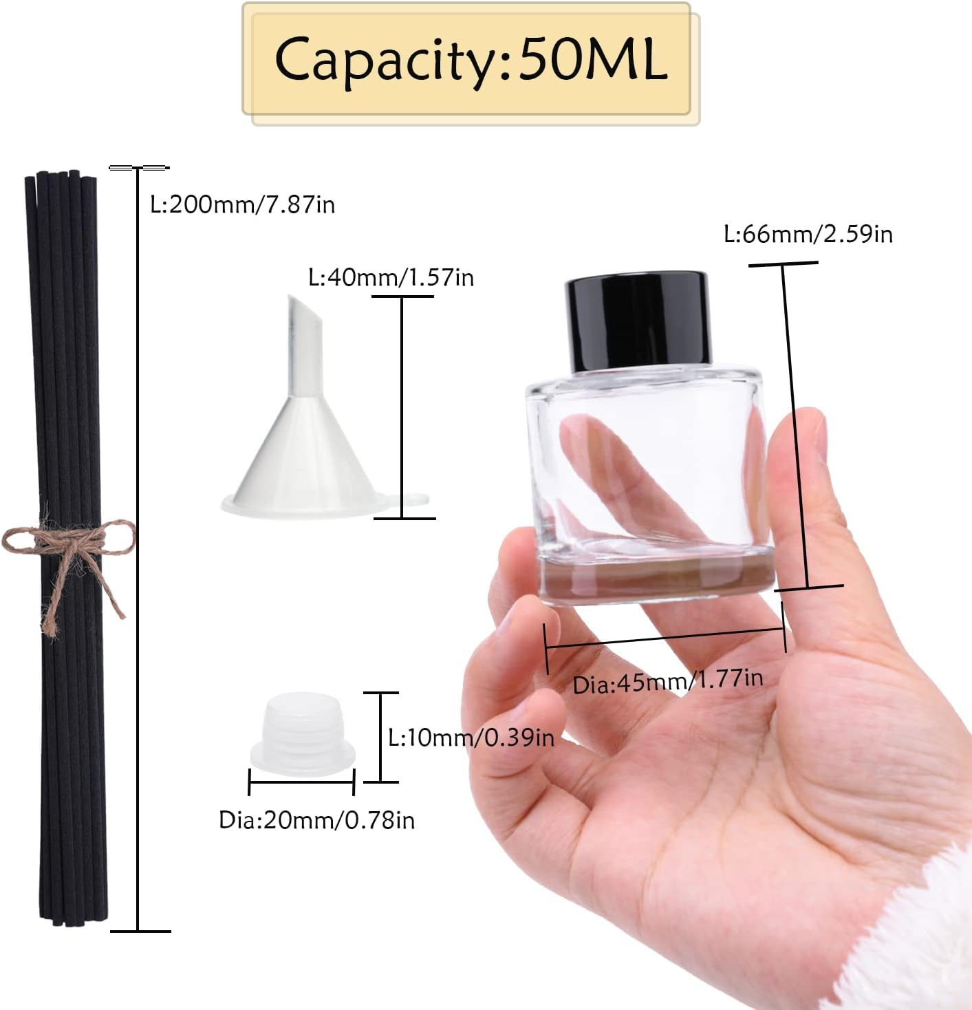 4PCS Fragrance Glass Diffuser Bottles, Refillable Diffuser Bottles with 20pcs Reeds Sticks & Black Caps & Funnel, Diffuser Jars for Home Oil Fragrance Decoration Girl Women Gift (100ML)