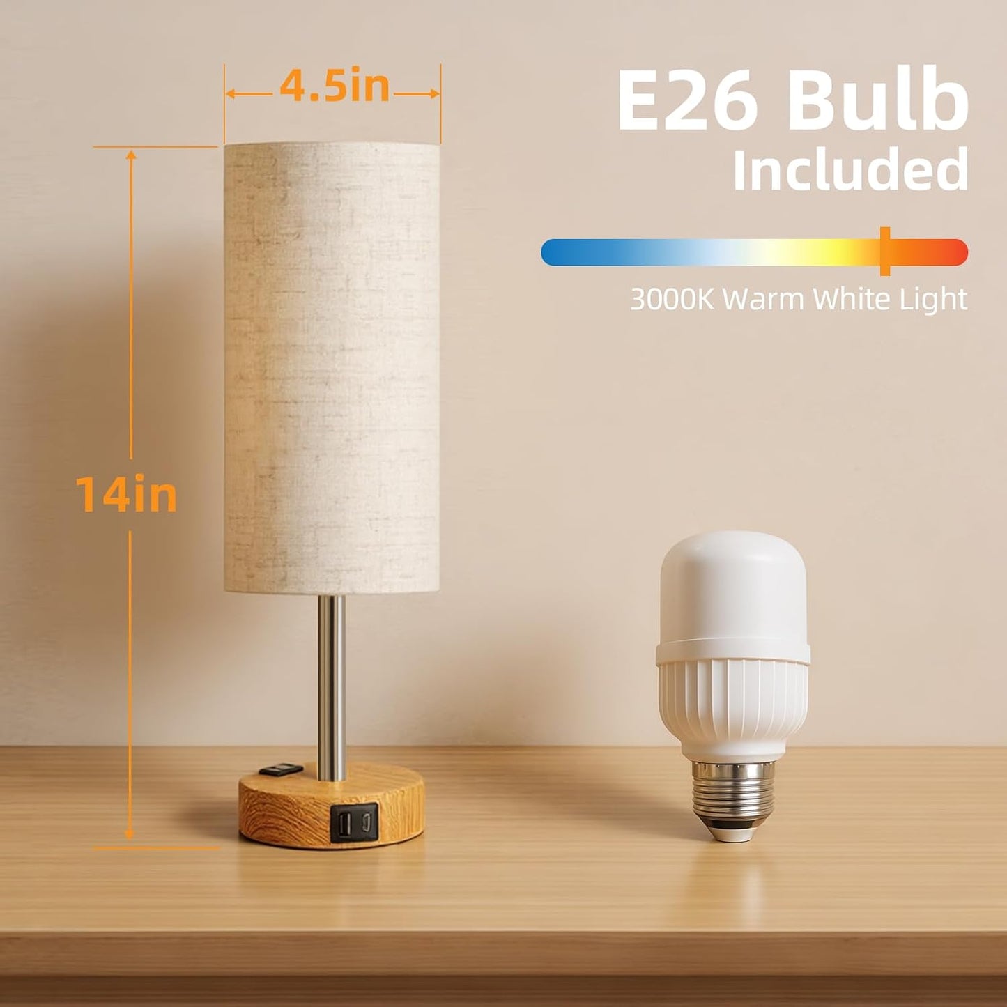 Table Lamp for Nightstand, High-Sensitivity Touch, 3-Level Dimmable Bedside Lamp with AC Outlet | USB | and USB-C, Ideal Night Stand Lamp for Bedroom, Reading, Living Room(Warm&Wooden)