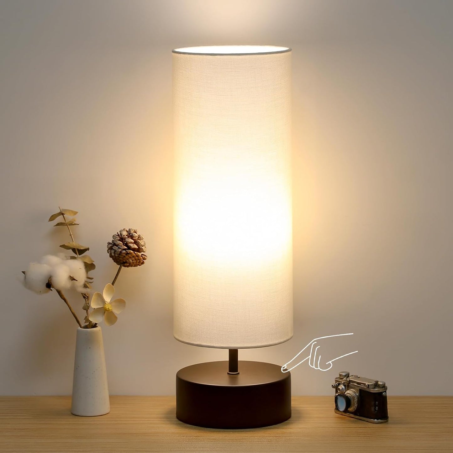 Touch Table Lamp, 3-Way Dimmable Modern Minimalist Accent Bedside Lamp with Cylinder Fabric Shade, Night Light Nightstand Desk Lamp for Bedroom Living Room Kitchen, 9W LED Bulb Included