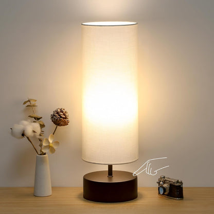 Touch Table Lamp, 3-Way Dimmable Modern Minimalist Accent Bedside Lamp with Cylinder Fabric Shade, Night Light Nightstand Desk Lamp for Bedroom Living Room Kitchen, 9W LED Bulb Included