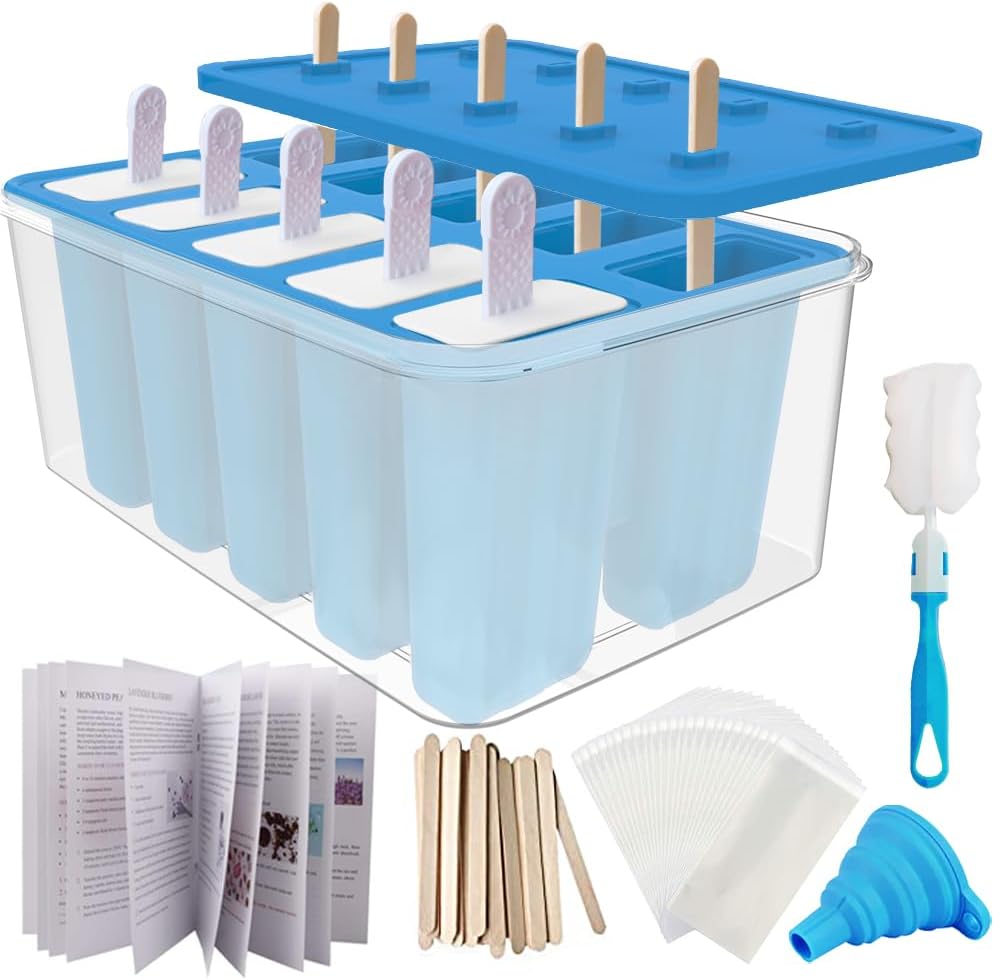 Miaowoof Homemade Popsicle Molds, 10-Cav Non-BPA Silicone Ice Pop Maker, with 50 Sticks, 50 Bags, 10 Reusable Sticks, Funnel, Brush and Ice Pop Recipe (Red)