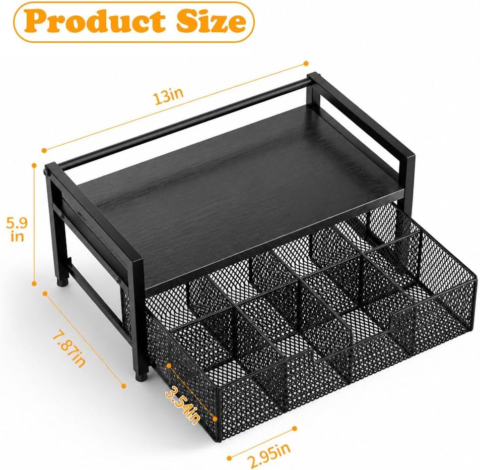 Tea Bag Organizer, Tea Bag Holder with Drawer, Wood and Metal Tea Organizers and Storage Chest for Countertop Kitchen, Office, Rustic Brown