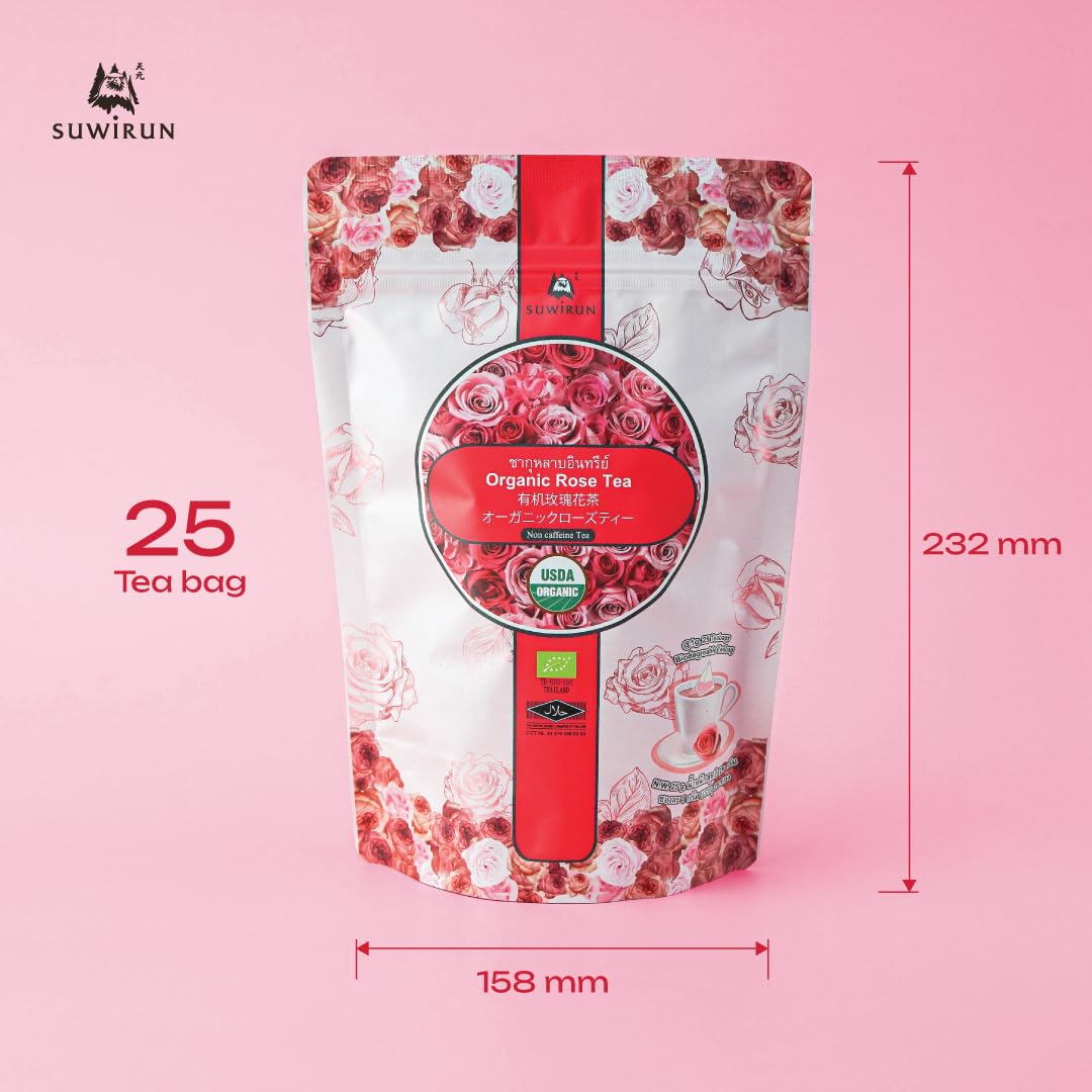 Suwirun Organic Rose Tea 25 Bags – 100% Pure Rose Petals – Delicate Floral Aroma, Naturally Caffeine-Free – Relaxing Herbal Tea, Enjoy Hot or Cold