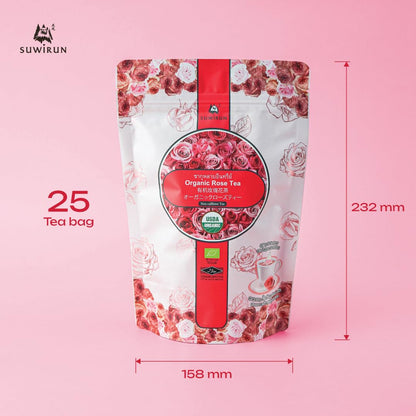 Suwirun Organic Rose Tea 25 Bags – 100% Pure Rose Petals – Delicate Floral Aroma, Naturally Caffeine-Free – Relaxing Herbal Tea, Enjoy Hot or Cold