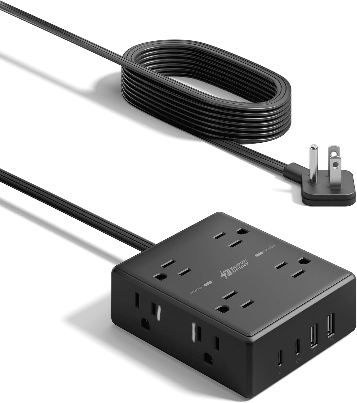 SUPERDANNY Extension Cord,Flat Plug Surge Protector Power Strip,10Ft