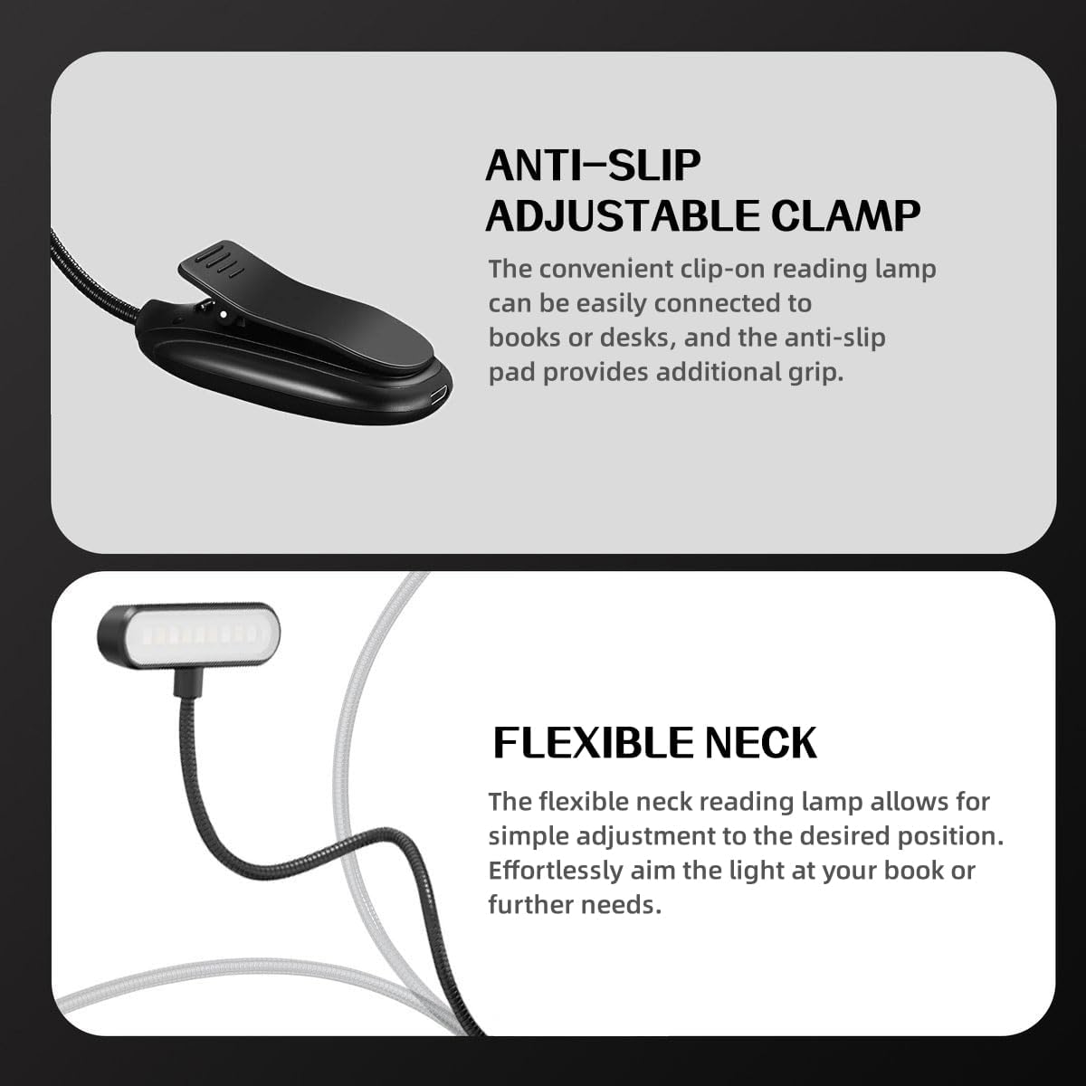 LED Book Light, Book Light for Reading in Bed, Eye Caring, 3 Colors & 5 Brightness, Rechargeable Long Lasting Reading Light, Lightweight Clip on Light, Gifts for Book Lovers (Black)
