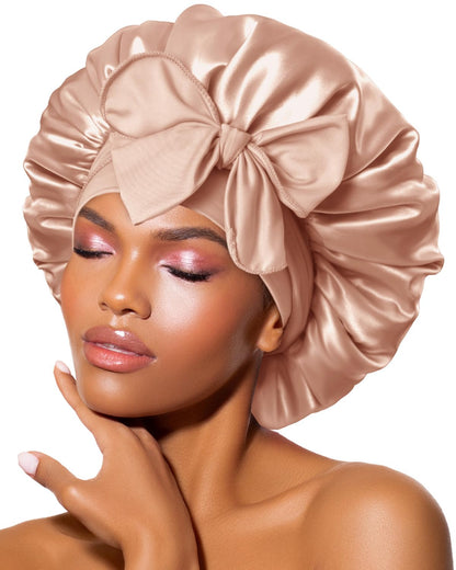 BONNET QUEEN Silk Bonnet for Sleeping for Women Satin Bonnet Night Cap for Curly Hair with Tie Band, Single Layer, Cream Pink