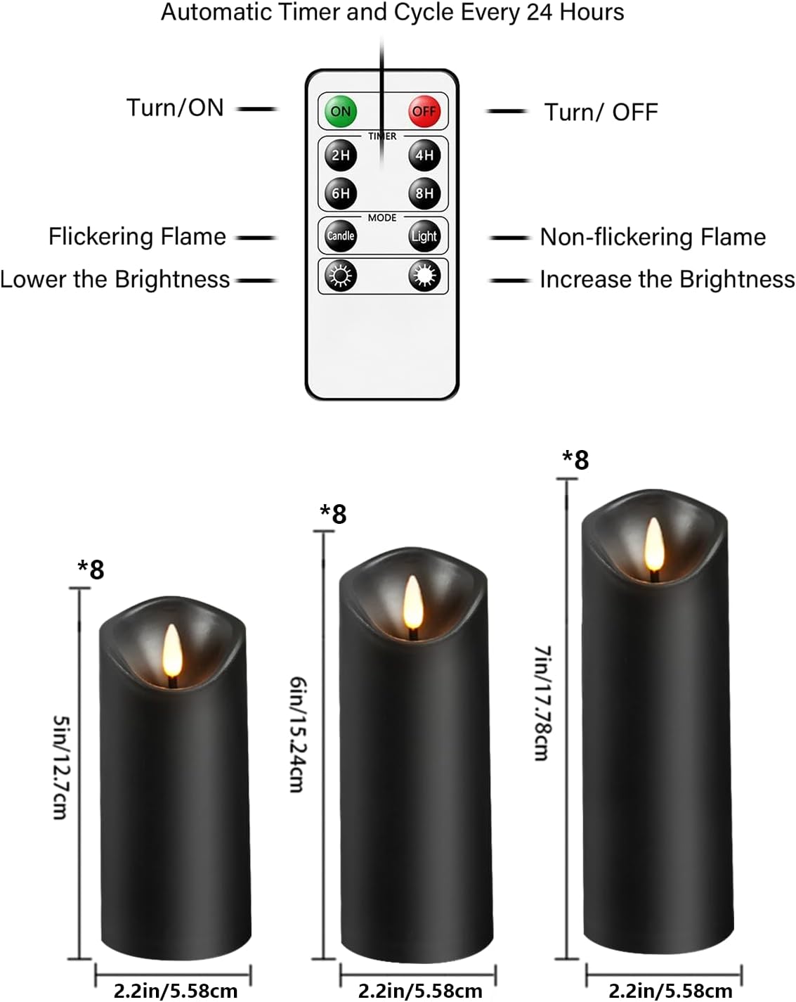 Nimiko Flameless Candles with Remote, Battery Operated Flickering Flameless Candles, LED Candles with Timer 2/4/6/8H, with Realistic LED Candles Set of 9 (D3 x H 3" 4" 5" 6" 7") (Ivory)