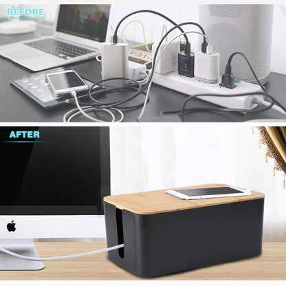 PowerKing Cable Management Boxes Organizer, Bamboo Lid, Large Storage Wires Keeper Holder for Desk, TV, Computer, USB Hub, System to Cover and Hide & Power Strips & Cords (Ice White)