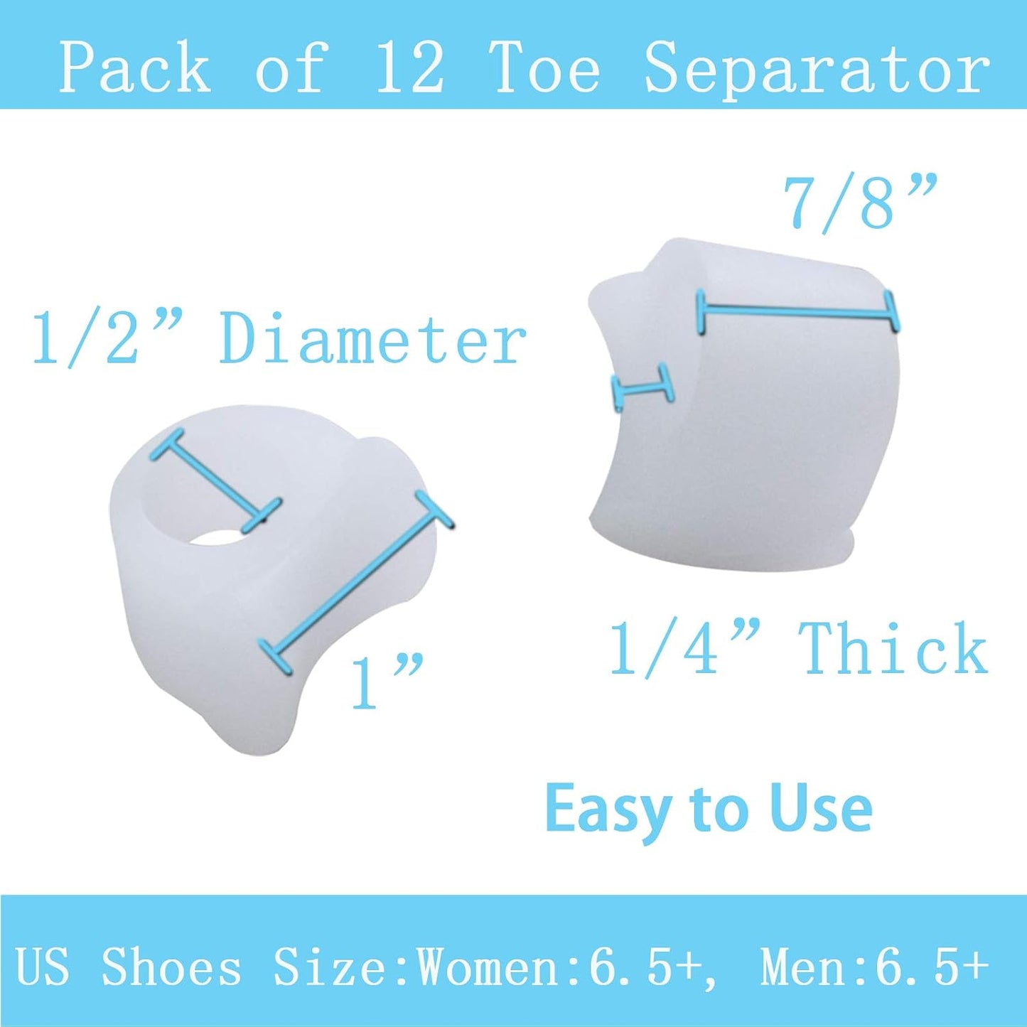 Pack of 12 Gel Toe Separator, (1/4" Thick) Big Toe Spacers, Single Loop Toe Spreader for Bunions, Overlapping Toe, Corrector and Spacer (Clear)