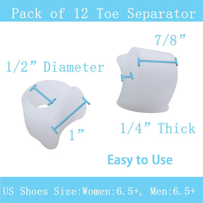 Pack of 12 Gel Toe Separator, (1/4" Thick) Big Toe Spacers, Single Loop Toe Spreader for Bunions, Overlapping Toe, Corrector and Spacer (Clear)