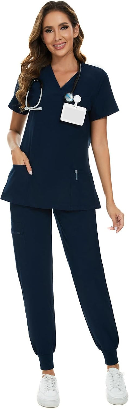 COZYFIT Scrubs for Women Set - Stretch V-Neck Scrub Top & Jogger Pant with 8 Pockets COZY SCRUBS - Colors C