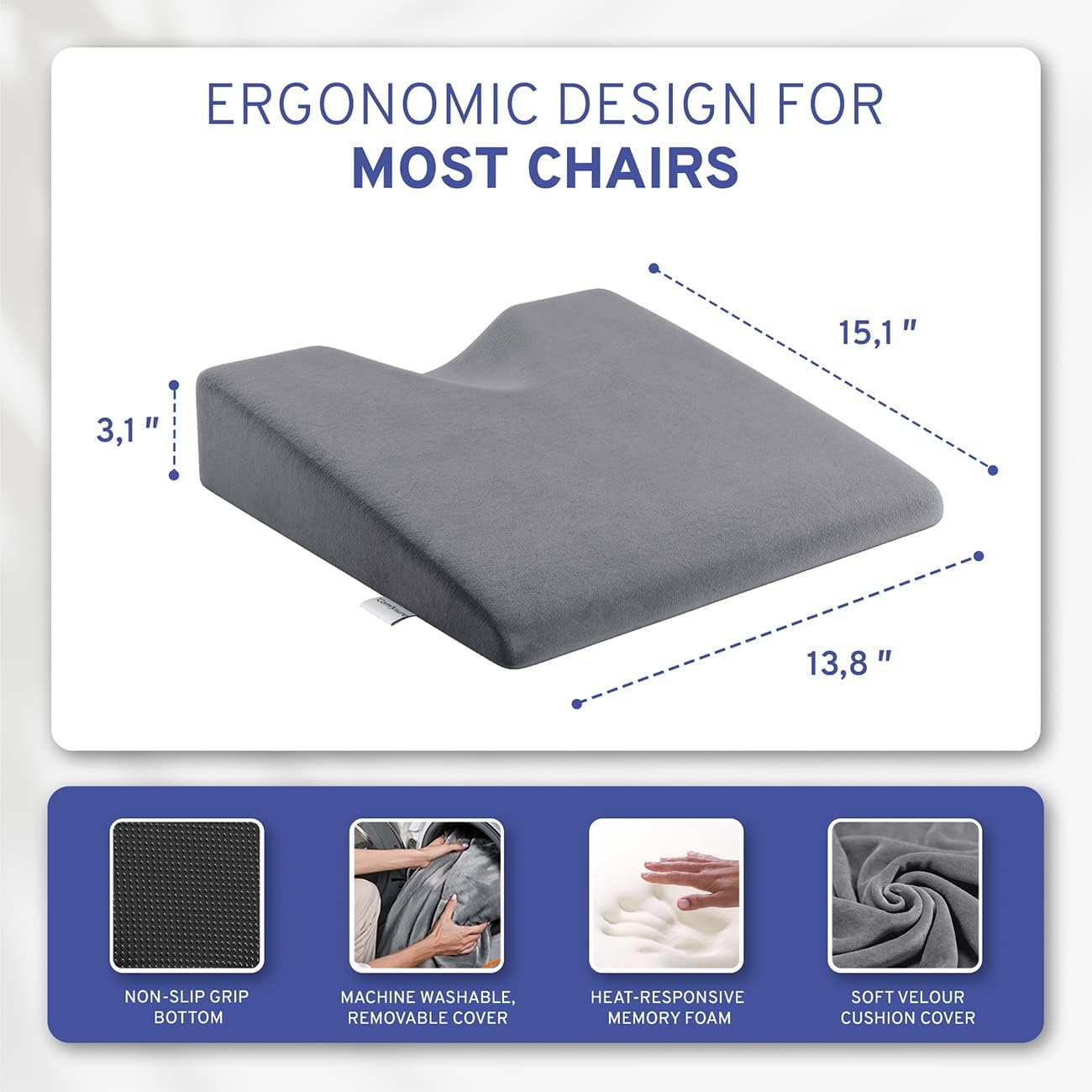 Wedge Car Height Booster Seat Cushion - Office Chair Cushion - Memory Foam Tailbone Pain Relief Cushion for Driving, Office, Gaming Chair - Orthopedic Lower Back, Tailbone, Coccyx, HIPS Support