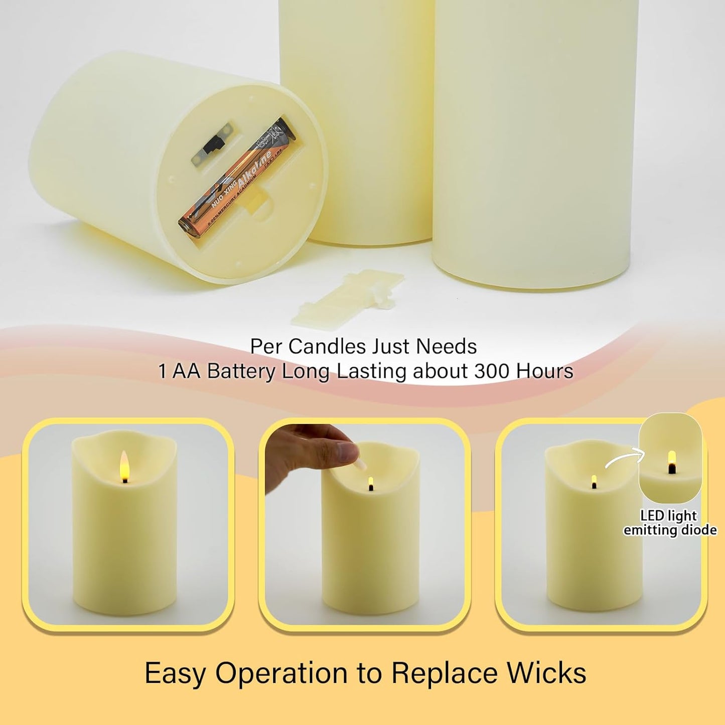 Nimiko Flameless Candles with Remote, Battery Operated Flickering Flameless Candles, LED Candles with Timer 2/4/6/8H, with Realistic LED Candles Set of 9 (D3 x H 3" 4" 5" 6" 7") (Ivory)