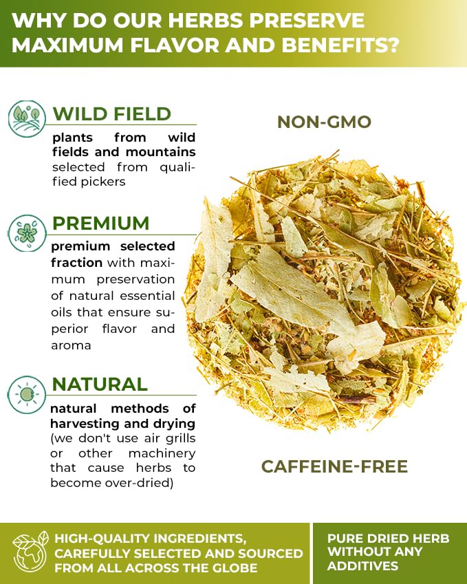 WILDFIELD HERBS 100 Linden Tea Dried Linden Flower Tea Herbal (Tilia cordata) - 100 Count 1.5g Tea Bags Linden Flowers Tea Herb Lipa