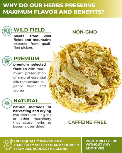 WILDFIELD HERBS 100 Linden Tea Dried Linden Flower Tea Herbal (Tilia cordata) - 100 Count 1.5g Tea Bags Linden Flowers Tea Herb Lipa