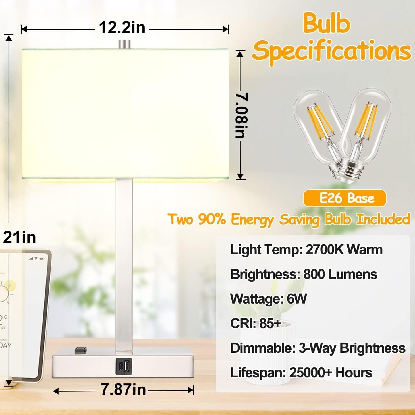 21" Touch Bedside lamps with 2 USB & AC Outlets, 3-Way Dimmable Bedside Table Lamps Set of 2 for Bedroom Living Room Office Reading, Gray Shade Lamps for Night Stands, 5000K LED Bulbs Included