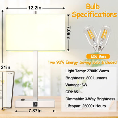 21" Touch Bedside lamps with 2 USB & AC Outlets, 3-Way Dimmable Bedside Table Lamps Set of 2 for Bedroom Living Room Office Reading, Gray Shade Lamps for Night Stands, 5000K LED Bulbs Included