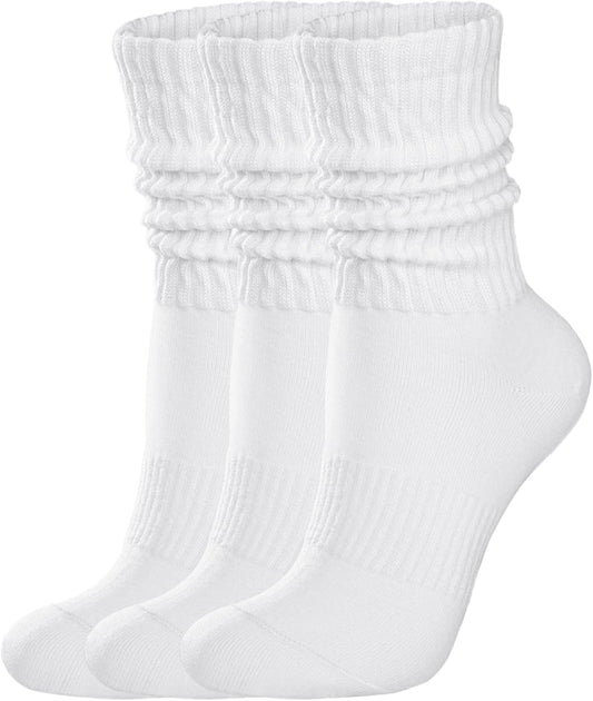 Womens Scrunch Crew Socks: Retro Solid Slouch Mid Calf Socks - Cotton Casual Athletic Socks