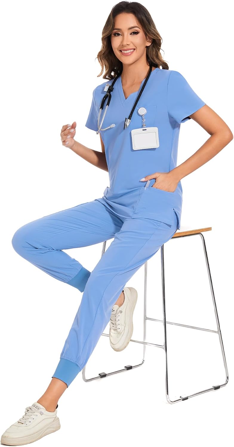 COZYFIT Scrubs for Women Set - Stretch V-Neck Scrub Top & Jogger Pant with 8 Pockets COZY SCRUBS - Colors D