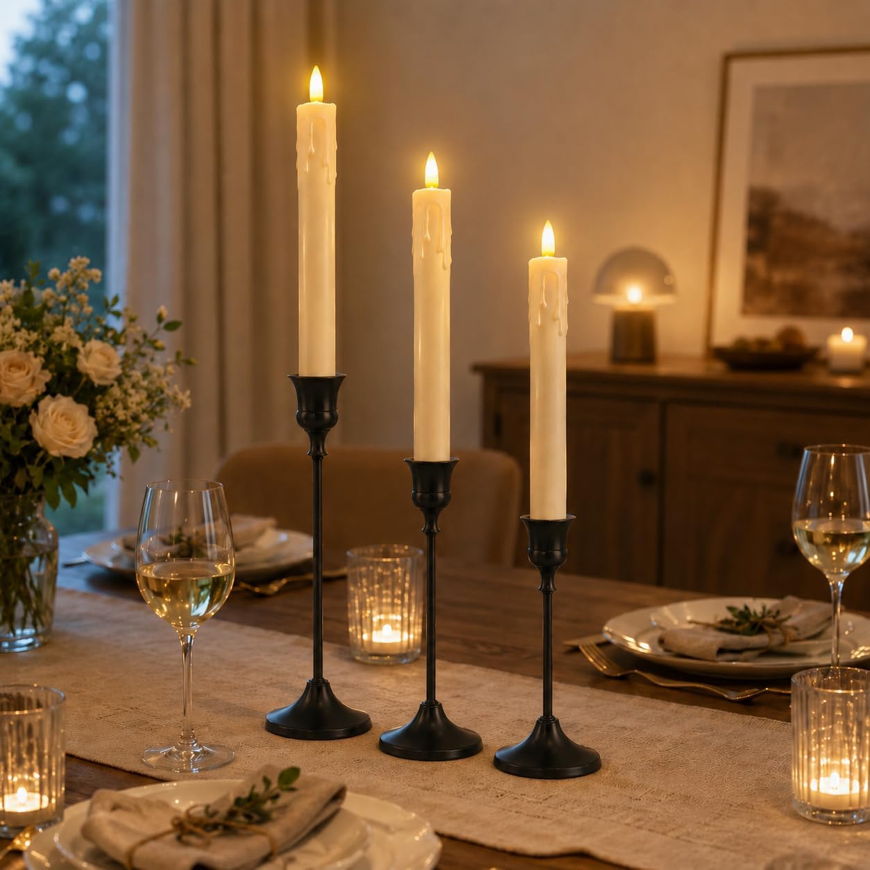 Candle Holder Set of 3, with 3 Flameless Candles & 1 Remote(Gold) | Taper Candle Holders, Metal Non Slip Stable Base, for Home Decor, Holiday Party, Pet & Kid Friendly