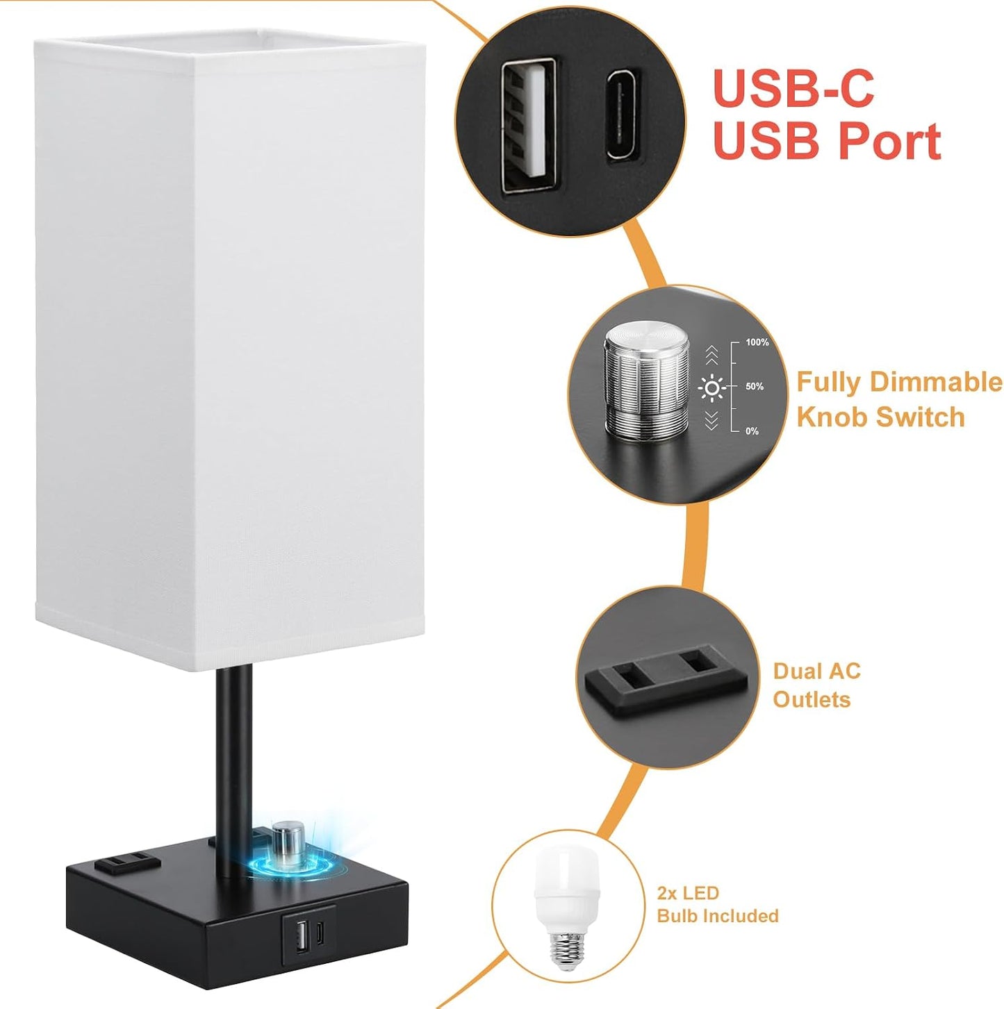 Bedside Table Lamps Set of 2 for Bedroom - Dimmable, USB C+A, 2 AC Outlets