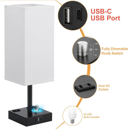 Bedside Table Lamps Set of 2 for Bedroom - Dimmable, USB C+A, 2 AC Outlets