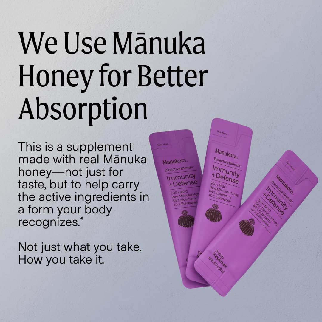 Manukora Immunity + Defense, Elderberry & Echinacea, Raw Manuka Honey