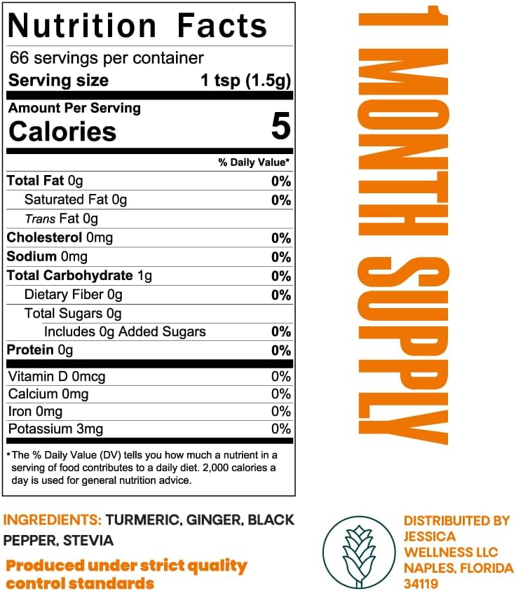JESSICA WELLNESS Magical Turmeric Tea | Turmeric Powder Blend with Ginger, Black Pepper & Stevia | Turmeric Tea Drink Mix | Curcumin & Ginger Blend | 3.5 oz