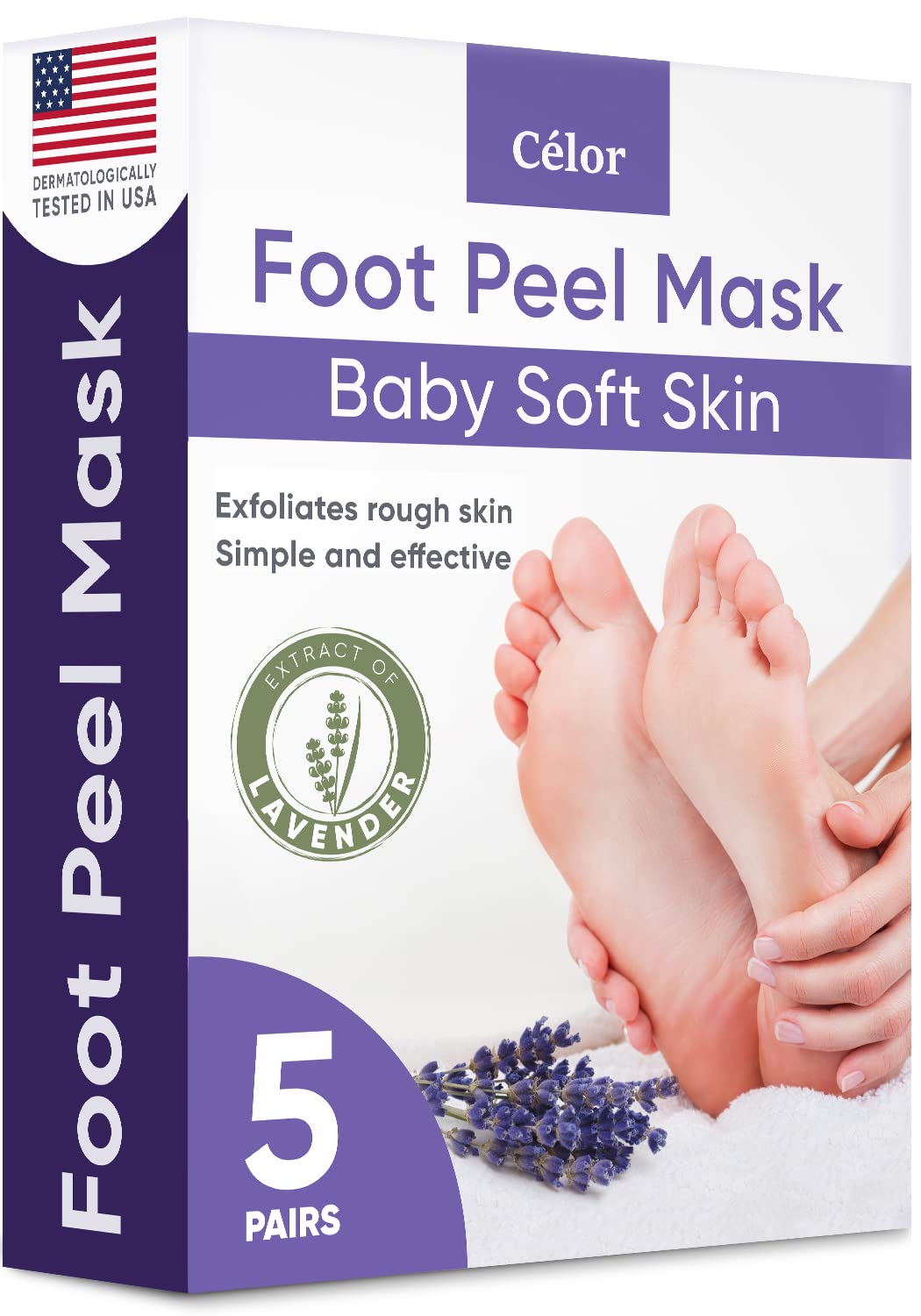 CÉLOR Foot Peeling Mask for Dry Cracked Feet | Foot Mask to Exfoliate Rough, Cracked, Dry Feet, Calluses for Soft Baby Feet Results | Made with Aloe Vera Extract for Women & Men (2 Pairs) | Lavender