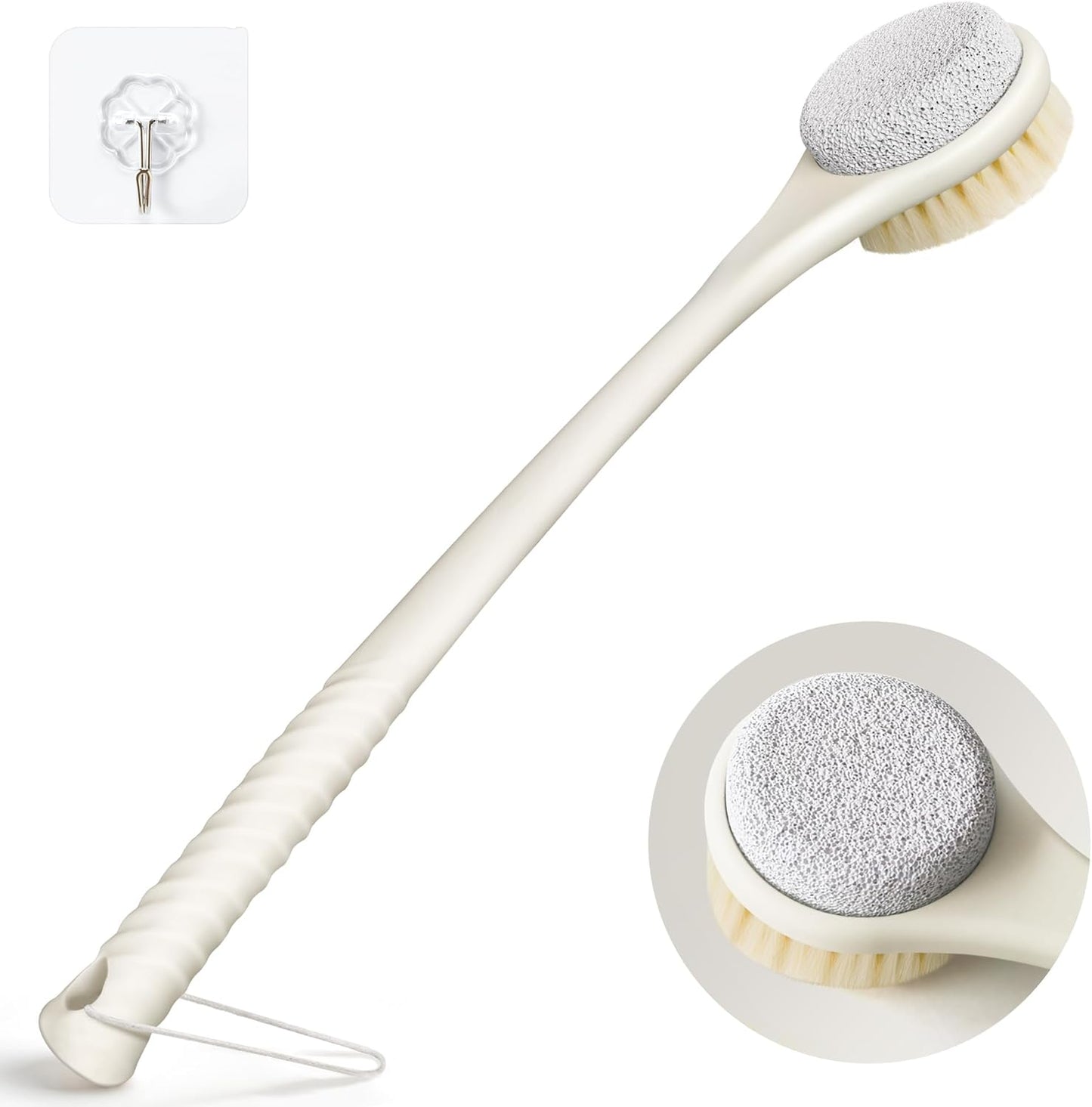 Back Scrubber for Shower, 15.7" Loofah with Handle, Back Shower Brush with Bristles and Loofah, Dry Brushing Body Brush for Cleanse Back and Hard to Reach Areas with Curved Long Handle