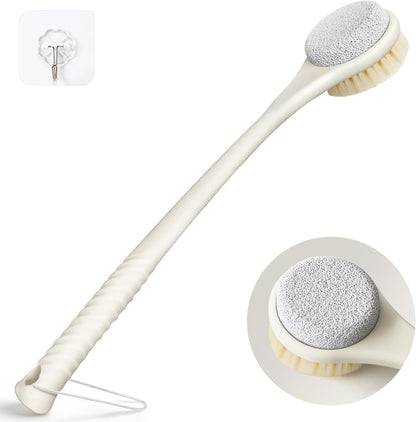 Back Scrubber for Shower, 15.7" Loofah with Handle, Back Shower Brush with Bristles and Loofah, Dry Brushing Body Brush for Cleanse Back and Hard to Reach Areas with Curved Long Handle