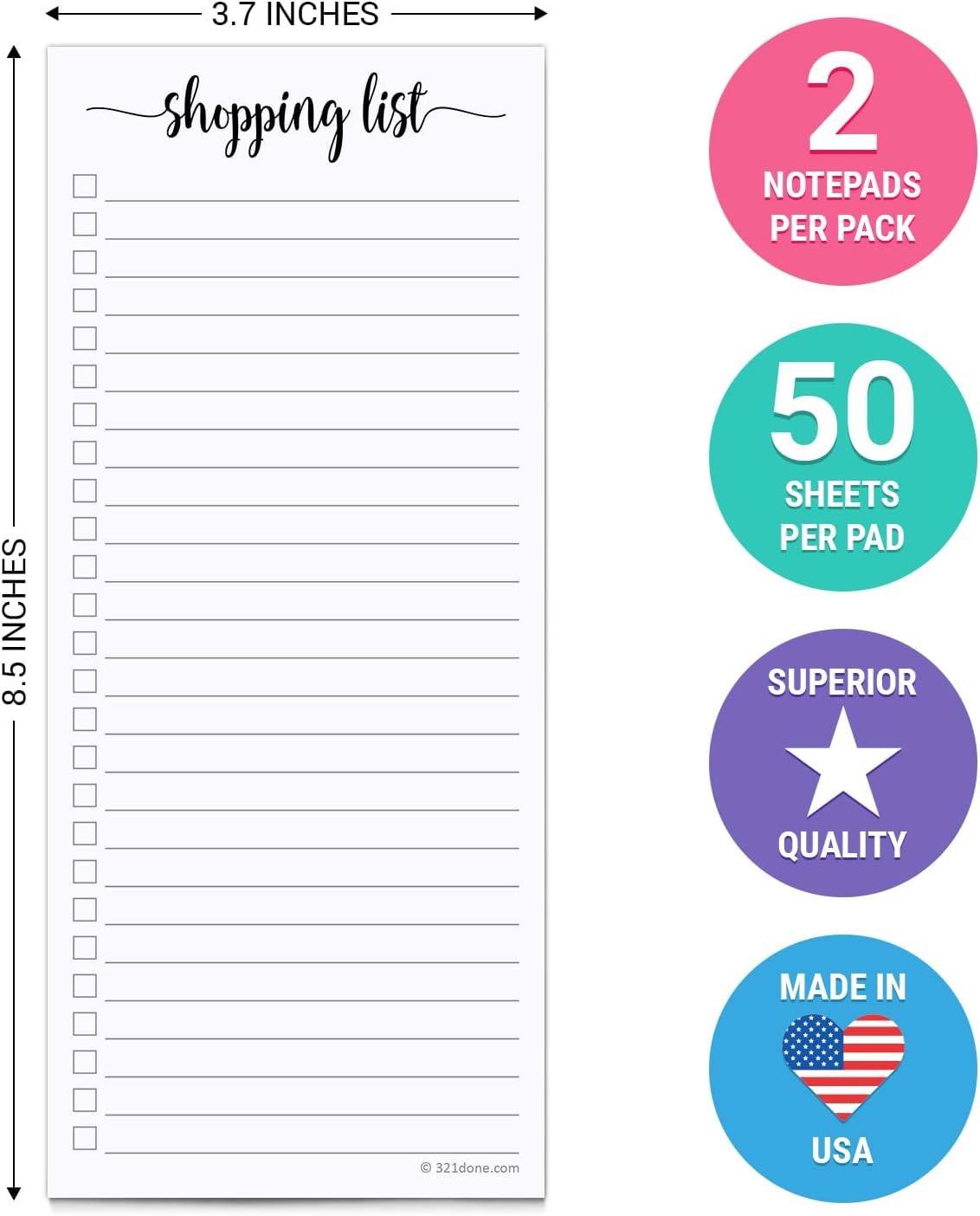 321Done To Do List Notepad, 2-Pack 50 Sheets Each, 3.7x8.5 College Ruled Pad, 70lb Matte Paper, Note Pad for Shopping List, Checklist To-Dos Tasks Planning for Home Office, Made in USA