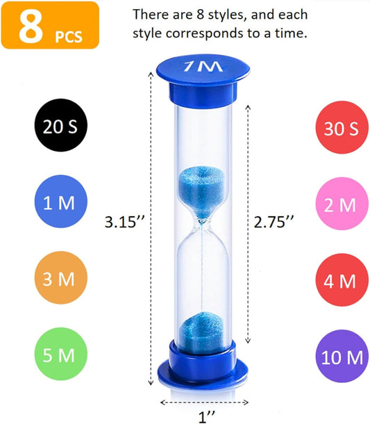 8 Pack Plastic Sand Timer Clock Set Sandglass Colorful Toothbrush Hourglass 20Sec/ 30Sec/ 1Min/ 2Min/ 3Min/ 4Min/ 5Min/ 10Min for Kids Games, Classroom, Kitchen, Decorative, Cooking, Office