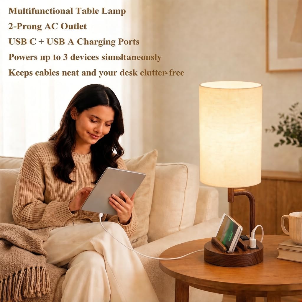 Dreamholder Touch Control USB Table Lamp with USB C/A & AC Outlet, 3-Way Dimmable Bedside Lamp, Modern Nightstand Lamps for Bedroom Living Room Guest Room Office, Bulb Included, Gold