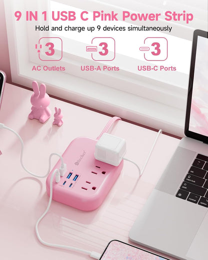 6 USB(3 USB C) Power Strip- Travel Power Strip with 6 USB Desktop Charging Station 24W/4.8A and 3 Outlets, 5Ft Flat Plug Braided Extension Cord, Non Surge Protector for Cruise Ship Travel Office Dorm