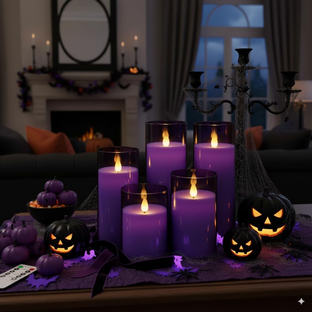 Homemory Gray Flickering Flameless Candles, Battery Operated Acrylic LED Pillar Candles with Remote Control and Timer, Halloween Decor, Set of 5
