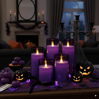 Homemory Gray Flickering Flameless Candles, Battery Operated Acrylic LED Pillar Candles with Remote Control and Timer, Halloween Decor, Set of 5