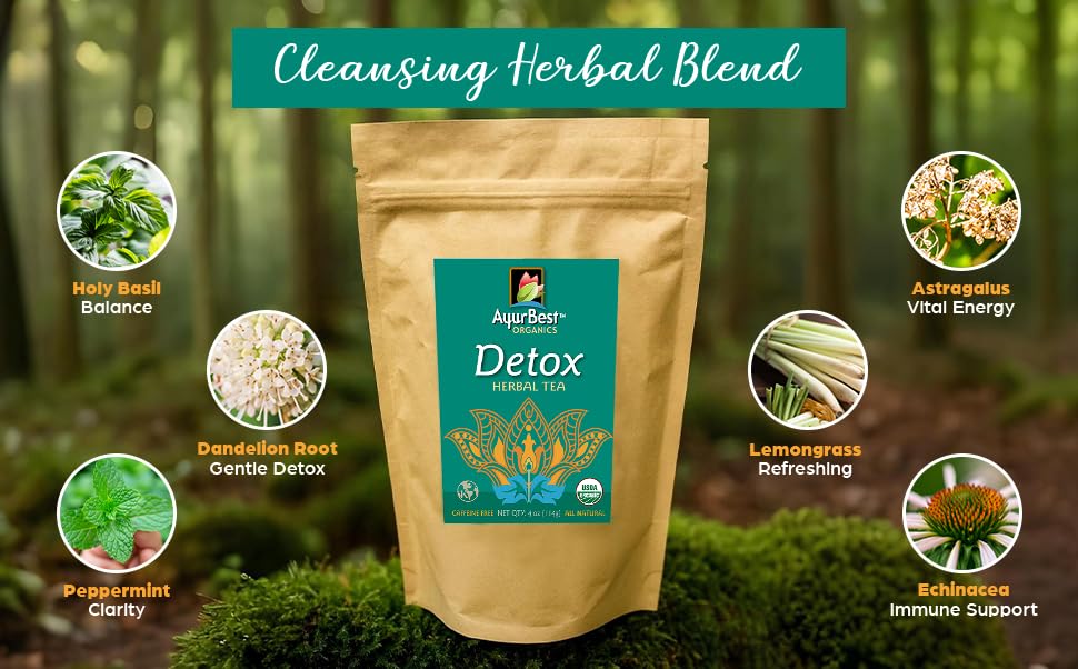 AyurBest Detox Herbal Tea USDA Certified Organic, Net Wt. 4 oz (114g), Loose Tea with Raw Dandelion, Echinacea & Tulsi for Healthy immune function